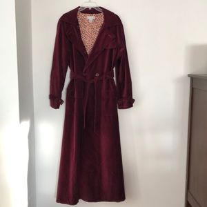 Cranberry velvet long coat, cheetah print inside